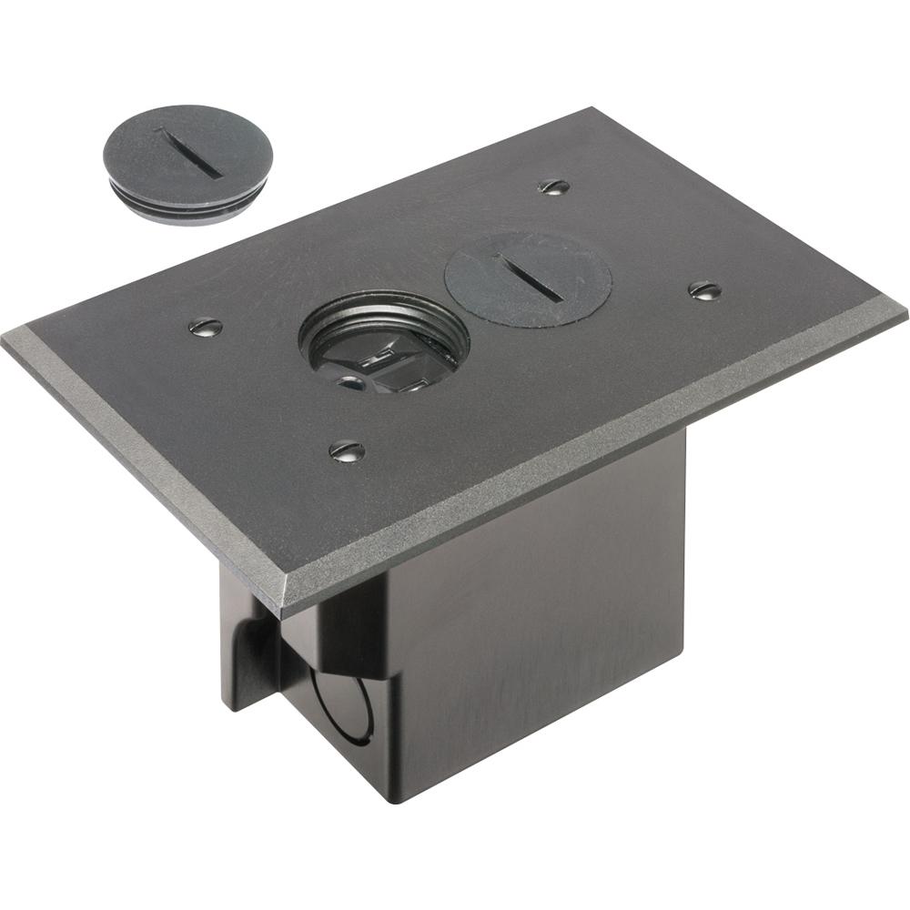 Arlington FLBR101BL Adjustable Floor Box With (2) Threaded Plugs, Plastic, 20 cu-in Capacity, 1 Gangs, 6.5 in L x 4.125 in W x 3.738 in H