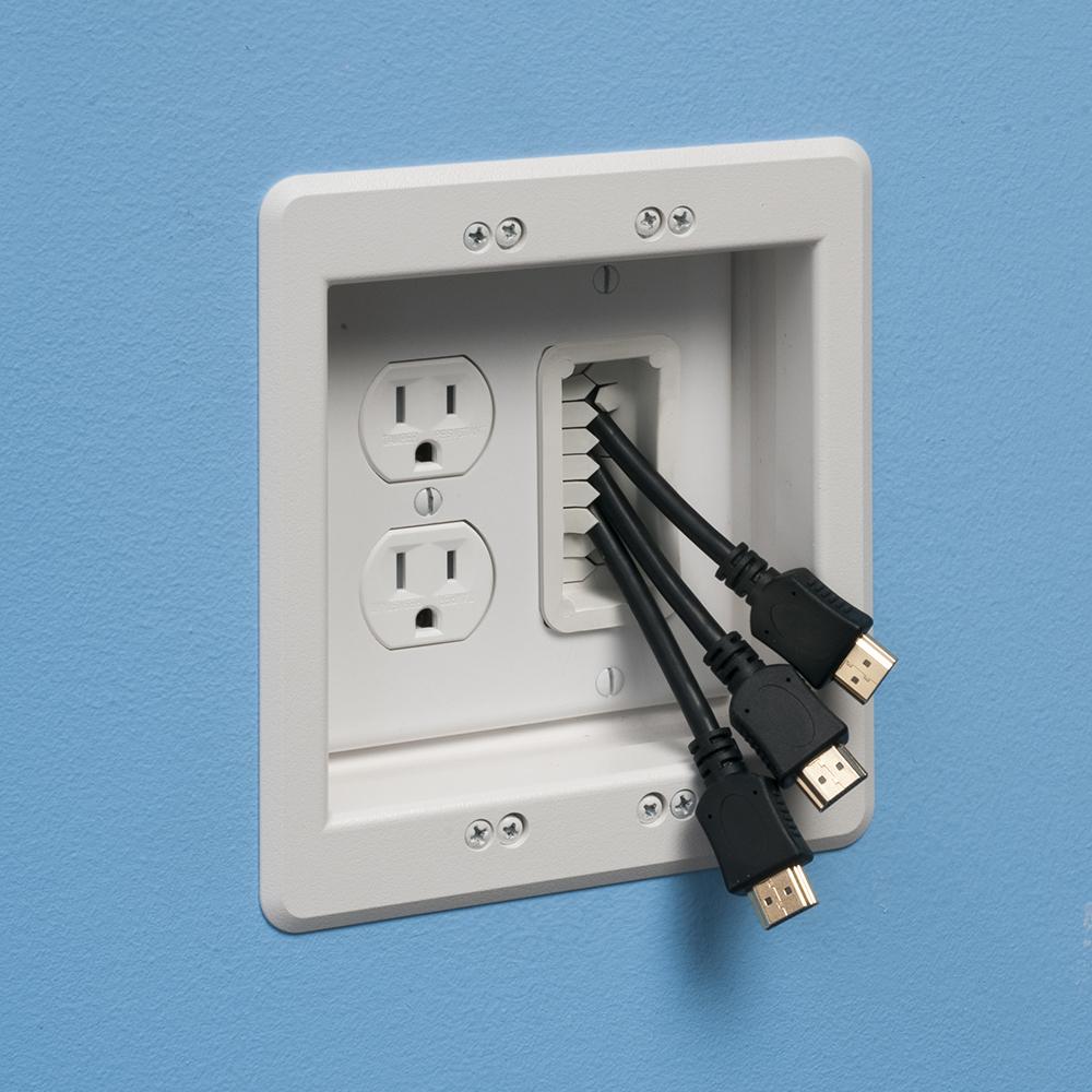 Arlington TV Box™ TVBU507 Power Low Voltage Recessed Combination Box, Plastic, 18 cu-in Capacity, 3 Gangs, 7.93 in W x 3.875 in D x 6.818 in H