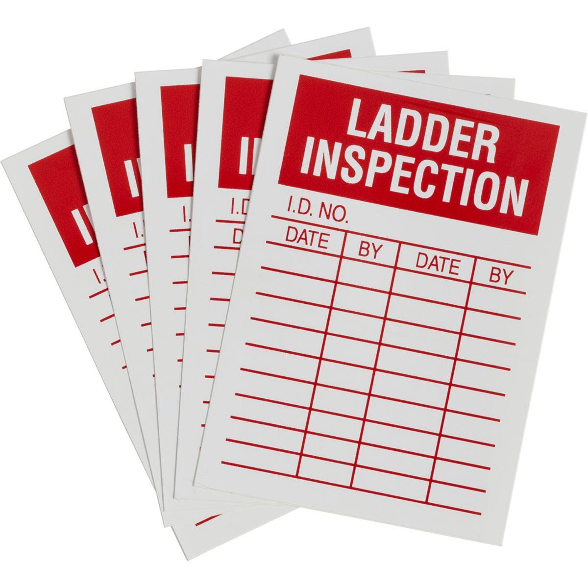 Brady® 139958 Rectangular Safety Label, 3-1/2 in W, LADDER INSPECTION I.D. NO: DATE: BY: DATE: BY: Legend, Red on White, Vinyl, 5 per Pack Labels