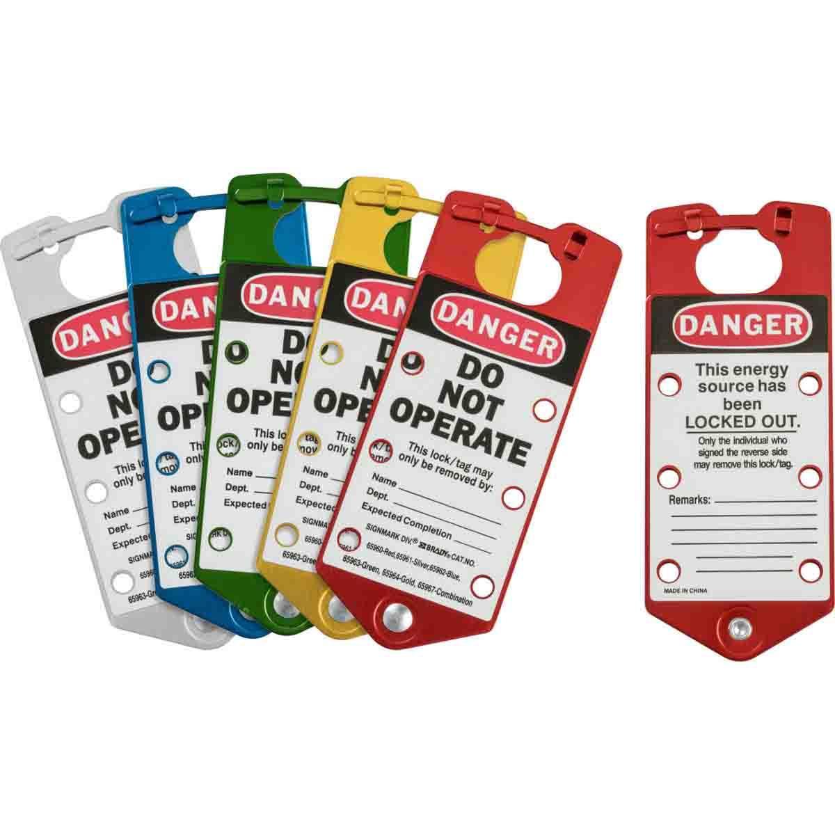 Brady® 65967 Labeled Snap-In Lockout Hasp, 6 Padlocks, 5/16 in Dia Max Padlock Shackle, Aluminum
