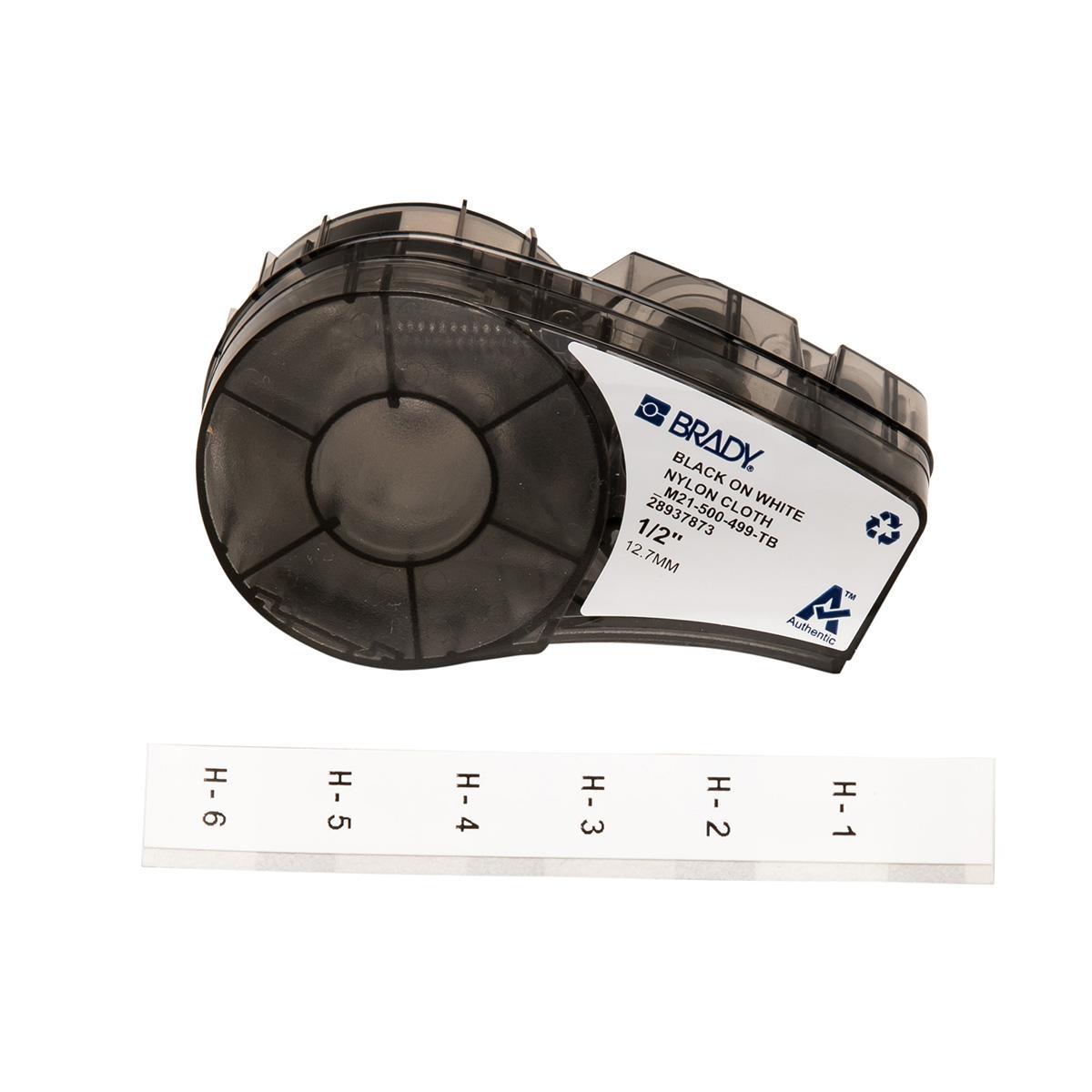 Brady® M21-500-499-TB BMP®21 Cartridge Label, 16 ft L x 1/2 in W, Black on White, B-499 Polyamide Coated Nylon Cloth