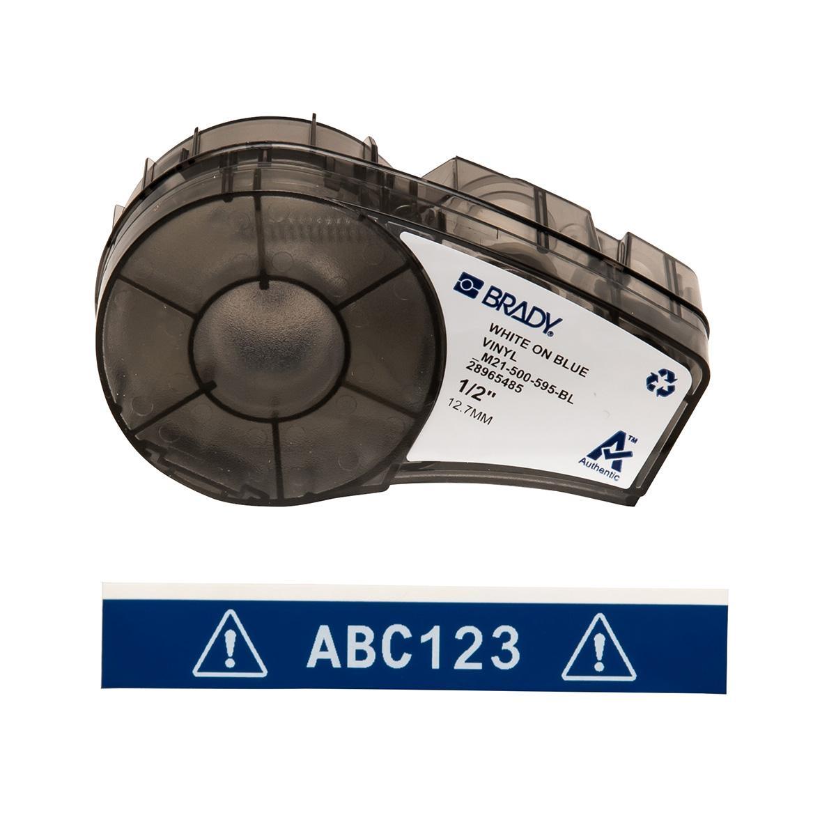 Brady® M21-500-595-BL BPM®21 Label Marker Cartridge, 21 ft L x 1/2 in W, For Use With BMP® 21 PLUS Portable Label Printers, IDPAL™ and LABPAL™ Handheld Label Maker, B-595 Vinyl, White on Blue