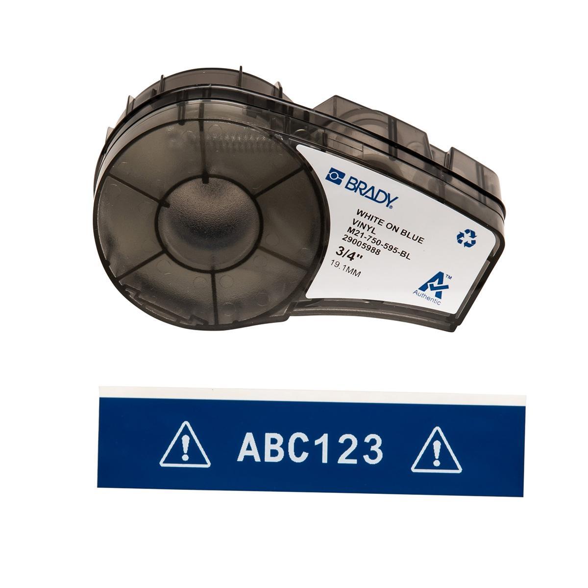 Brady® M21-750-595-BL BPM®21 Label Marker Cartridge, 21 ft L x 3/4 in W, For Use With BMP® 21 PLUS Portable Label Printers, IDPAL™ and LABPAL™ Handheld Label Maker, B-595 Vinyl, White on Blue