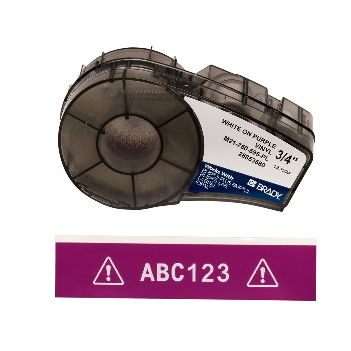 Brady® M21-750-595-PL BPM®21 Printer Label, 21 ft L x 3/4 in W, For Use With BMP® 21 PLUS Portable Label Printers, IDPAL™ and LABPAL™ Handheld Label Maker, B-595 Vinyl, White on Purple
