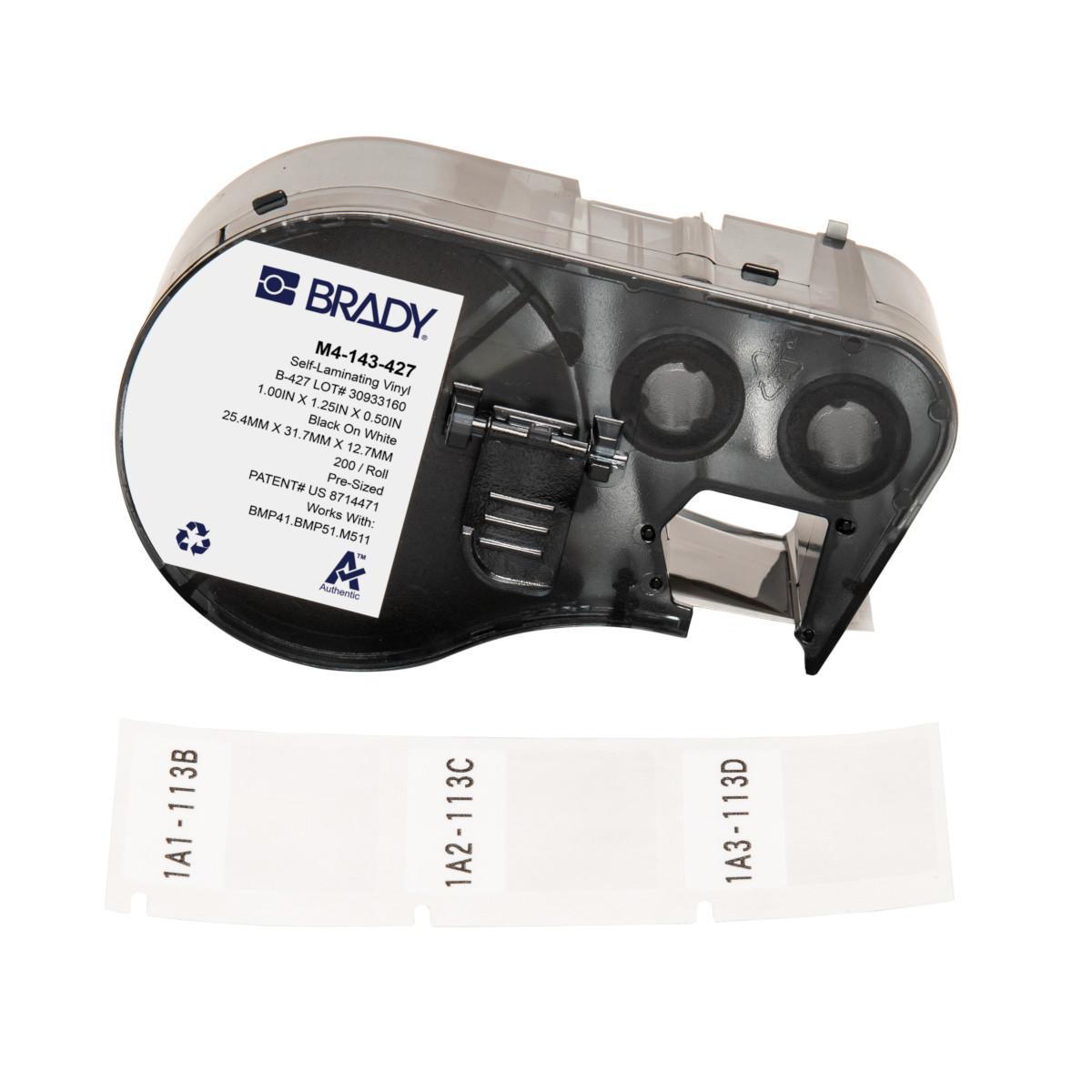 Brady® M4-143-427 Self-Laminating Wire and Component Label, 25.4 mm W, Black on White/Clear, B-427 Vinyl