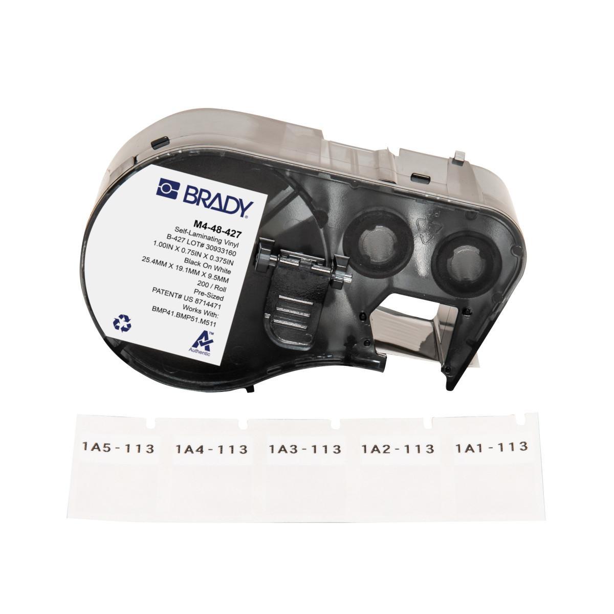 Brady® M4-48-427 Self-Laminating Wire and Component Label, 19.05 mm W, Black on White/Clear, B-427 Vinyl
