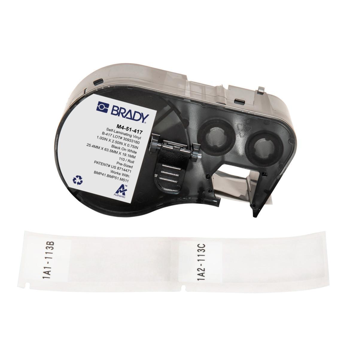 Brady® M4-51-417 Self-Laminating Wire and Component Label, 1 in W, Black on White/Clear, B-417 Vinyl