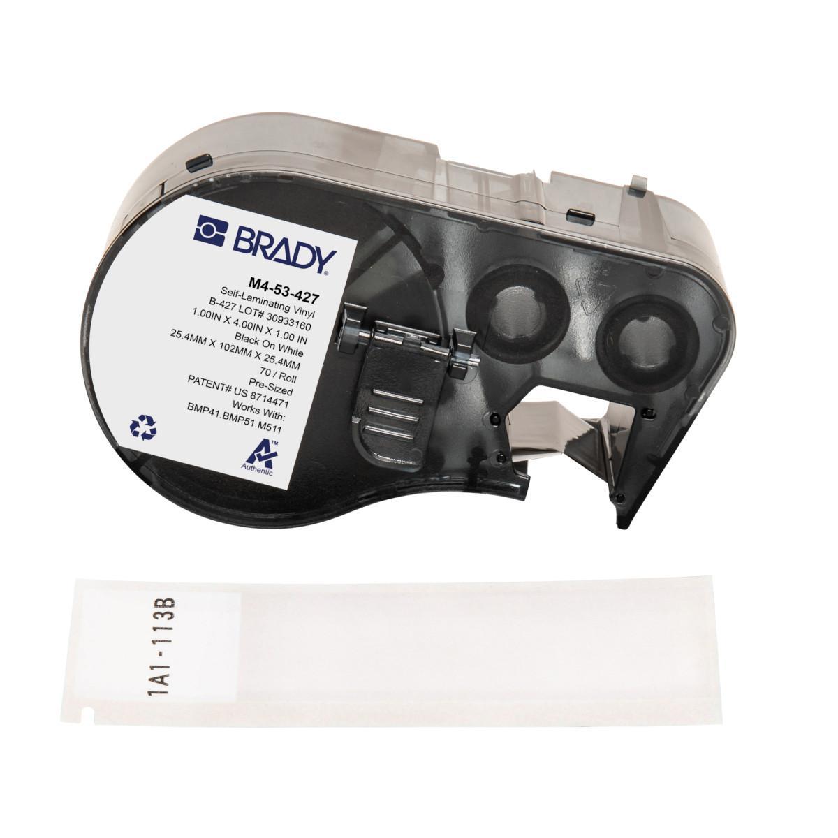 Brady® M4-53-427 Self-Laminating Wire and Component Label, 25.4 mm W, Black on White/Clear, B-427 Vinyl