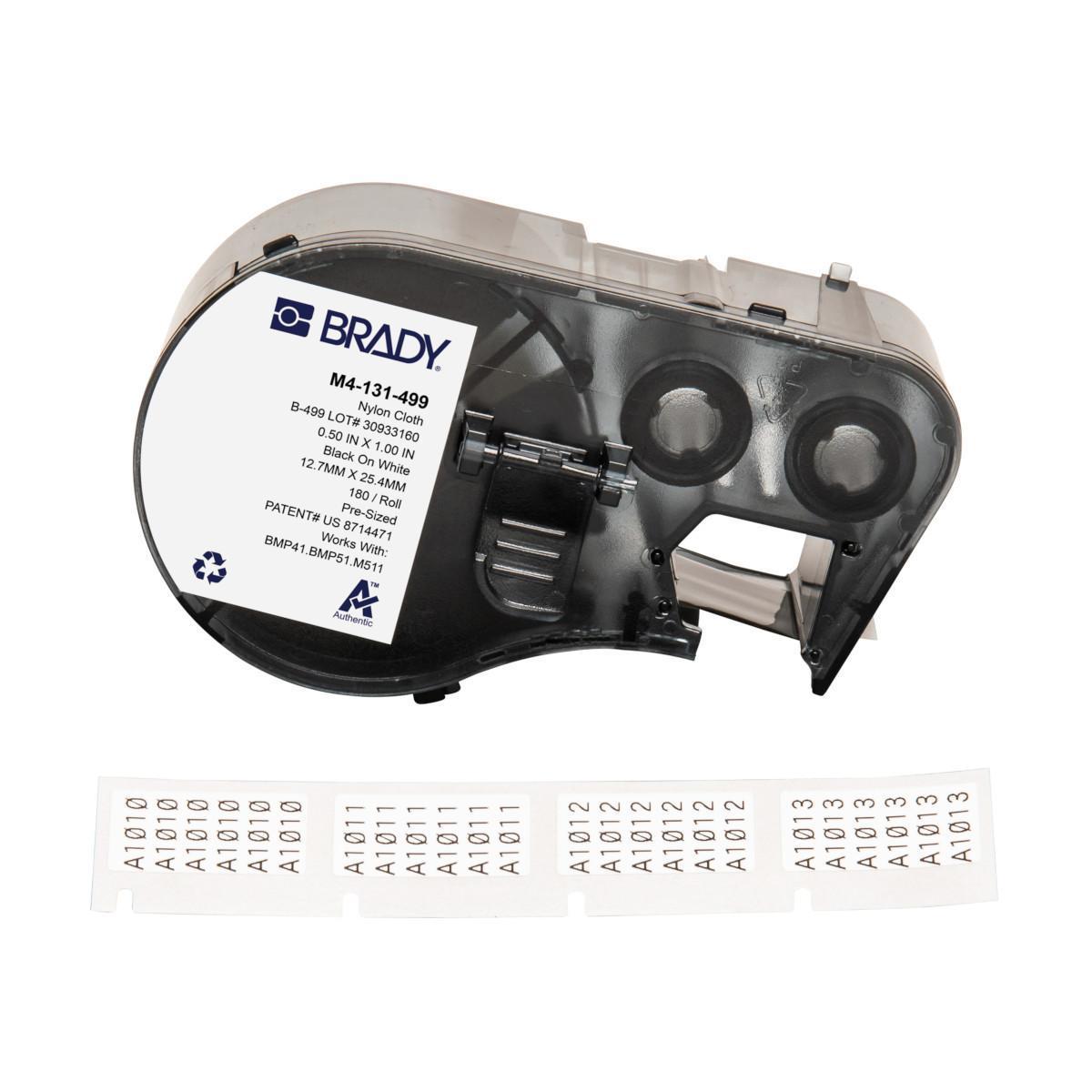 Brady® M4-131-499 Permanent Adhesive Wire and Component Label, 25.4 mm W, Black on White, B-499 Nylon Cloth