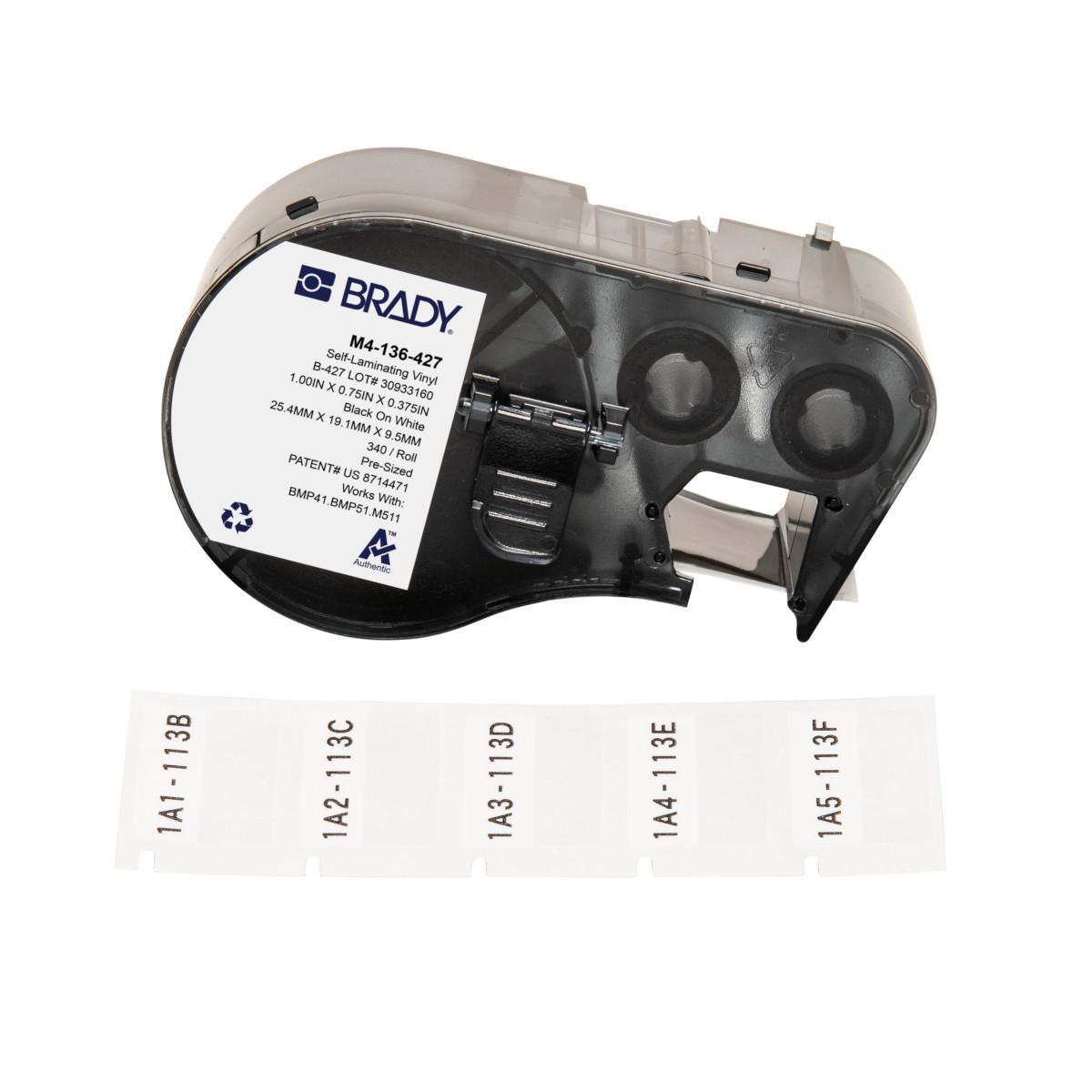 Brady® M4-136-427 Self-Laminating Wire and Component Label, 25.4 mm W, Black on White/Clear, B-427 Vinyl
