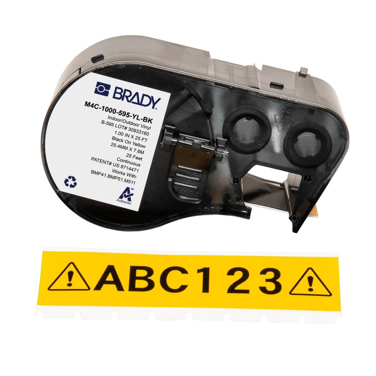 Brady® M4C-1000-595-YL-BK General Permanent Adhesive, 25 ft L x 1 in W, Black on Yellow, B-595 Vinyl