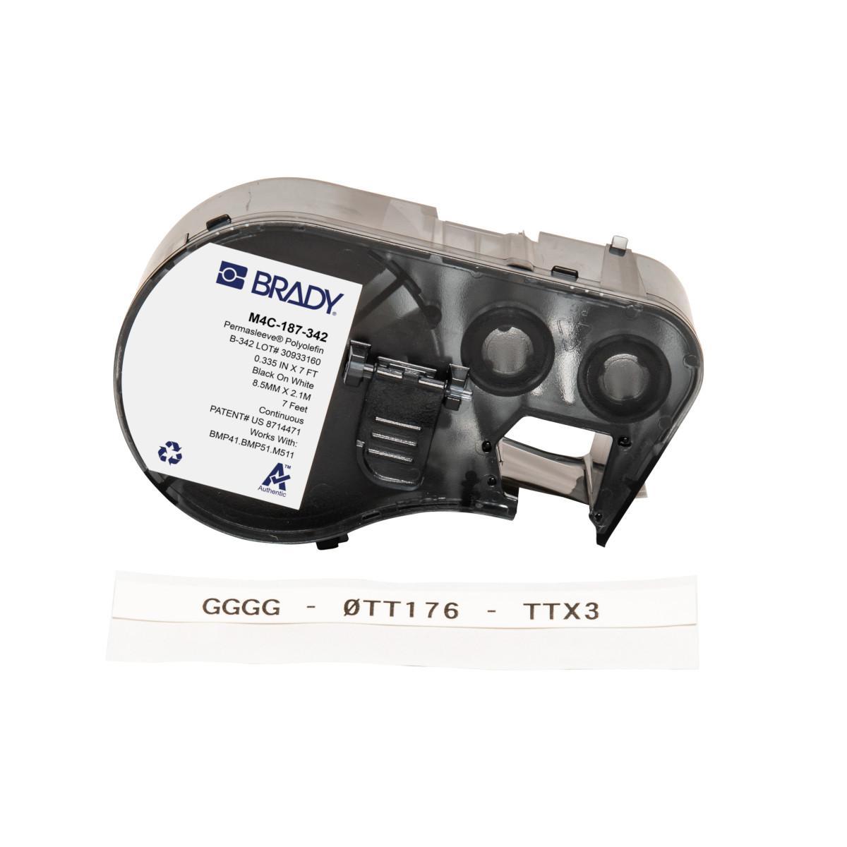 Brady® M4C-187-342 Heat Shrink Wire and Component Label, 2.13 m L, Black on White, B-342 Polyolefin