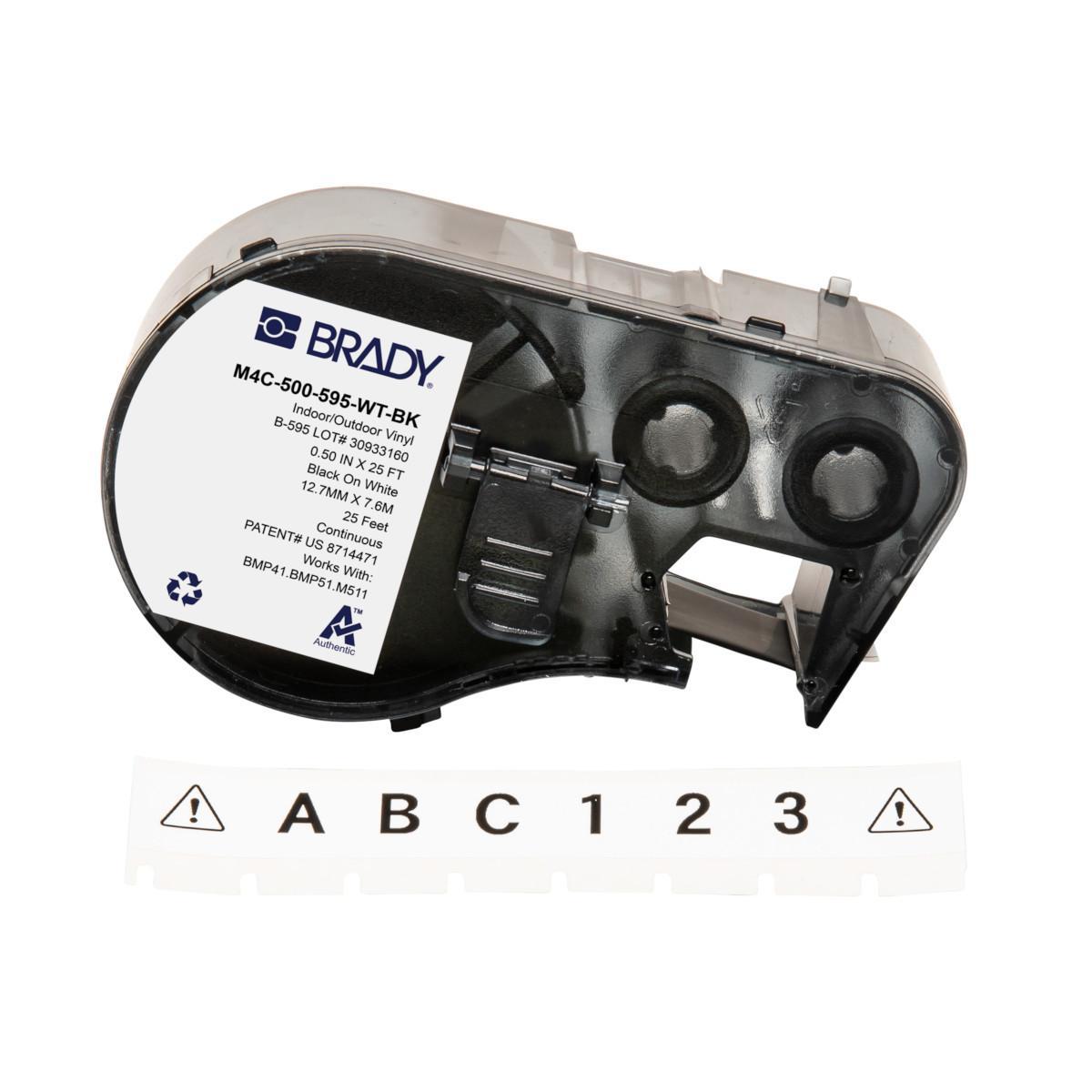 Brady® M4C-500-595-WT-BK General Permanent Adhesive, 25 ft L x 0.5 in W, Black on White, B-595 Vinyl
