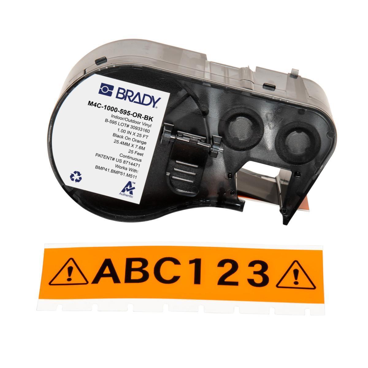 Brady® M4C-1000-595-OR-BK General Permanent Adhesive, 25 ft L x 1 in W, Black on Orange, B-595 Vinyl