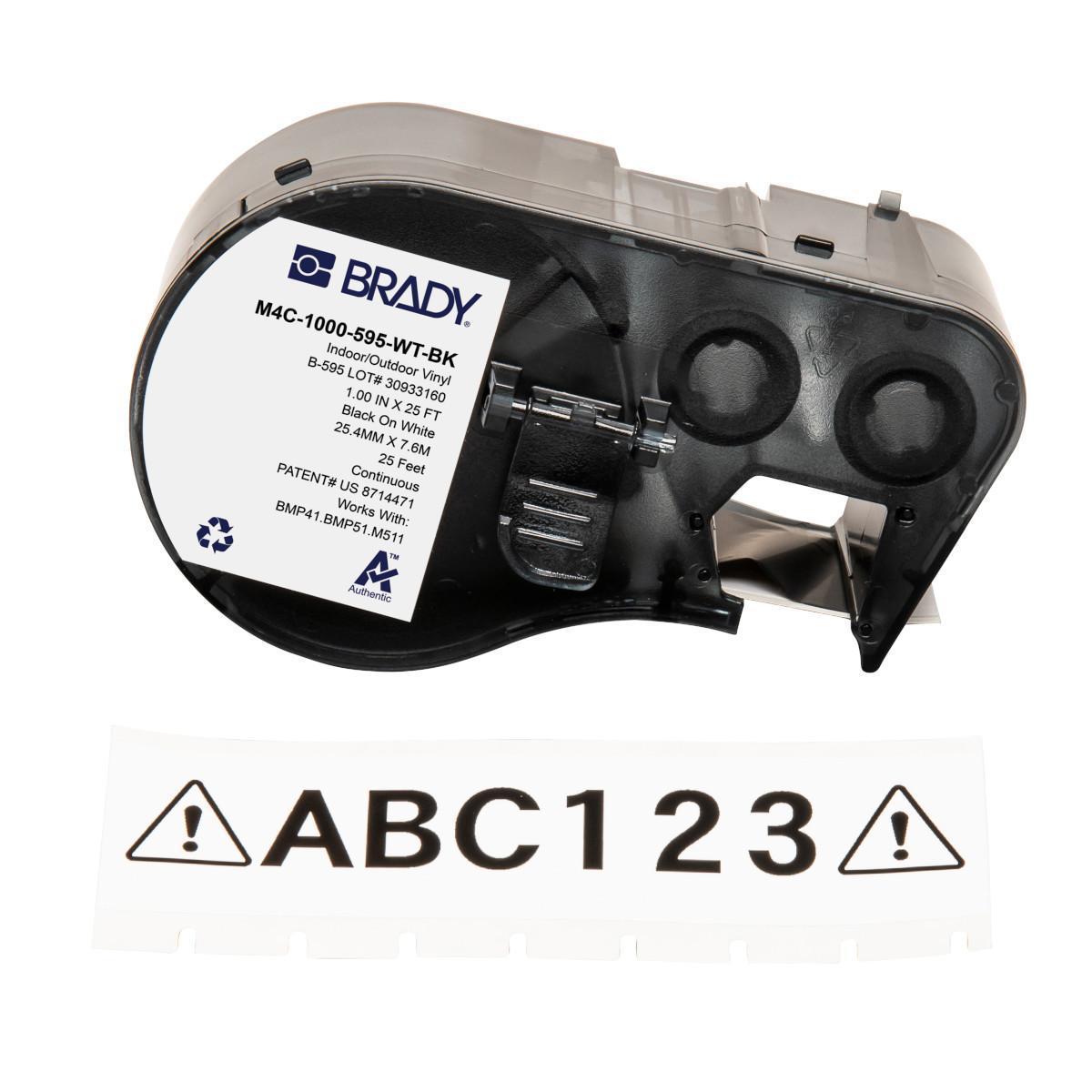 Brady® M4C-1000-595-WT-BK General Permanent Adhesive, 25 ft L x 1 in W, Black on White, B-595 Vinyl