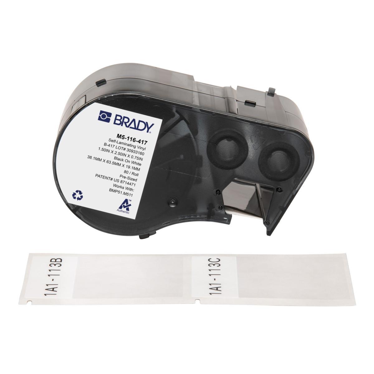 Brady® M5-116-417 Self-Laminating Wire and Component Label, 1.5 in W, Black on White/Clear, B-417 Vinyl