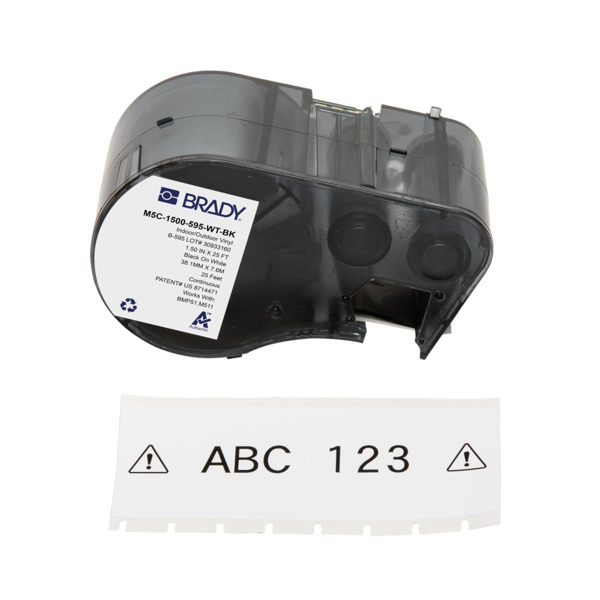 Brady® M5C-1500-595-WT-BK General Permanent Adhesive Label, 25 ft L x 1.5 in W, Black on White, B-595 Vinyl