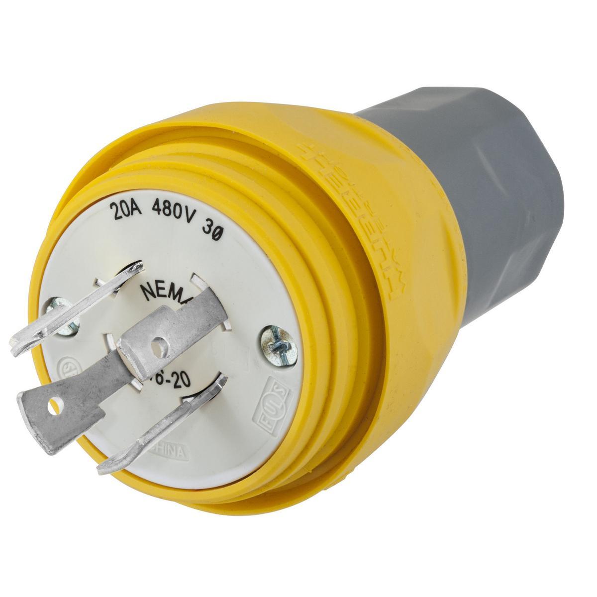 Hubbell Wiring Device-Kellems Twist-Lock® HBL26W76 3-Phase Non-Shrouded Watertight Cord Mount Locking Plug, 480 V AC, 20 A, 3 Poles, 4 Wires, Yellow