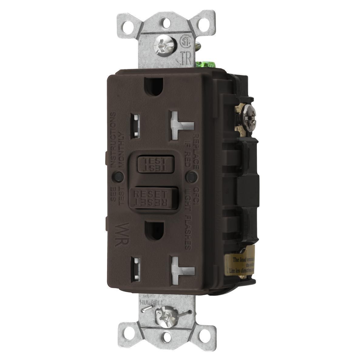 Hubbell Wiring Device-Kellems AUTOGUARD® Style Line® GFTWRST20U 1-Phase Decorator Duplex Heavy Duty Standard Straight Blade Self-Test Tamper/Weather Resistant Screw Mount GFCI Receptacle, 125 V AC, 20 A, 2 Poles, 3 Wires, Brown