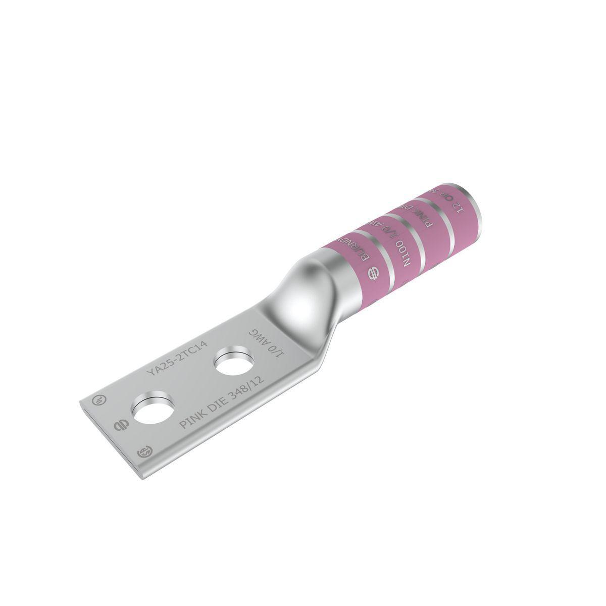 BURNDY® HYLUG™ YA252TC38 YA-2TC 2-Hole Compression Lug, 1/0 AWG Solid/Stranded Copper Conductor, Die Code: 12, 3/8 in Stud, Tin Plated Copper