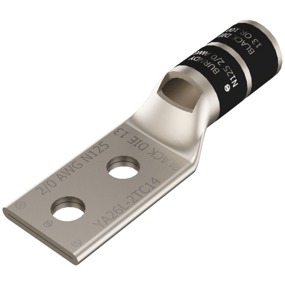 BURNDY® HYLUG™ YA262LN YA-2LN 2-Hole Compression Lug With Inspection Window, 2/0 AWG Stranded Copper Conductor, Die Code: 13, 1/2 in Stud, Copper