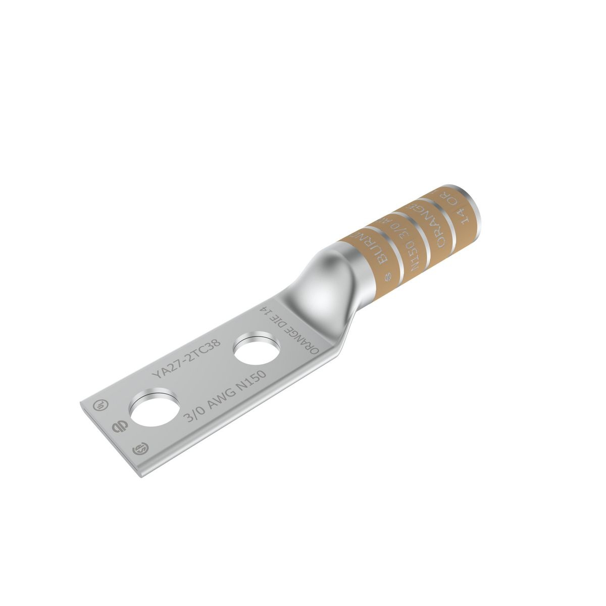 BURNDY® HYLUG™ YA272TC38 YA-2TC 2-Hole Compression Lug, 3/0 AWG Solid/Stranded Copper Conductor, Die Code: 14, 3/8 in Stud, Tin Plated Copper