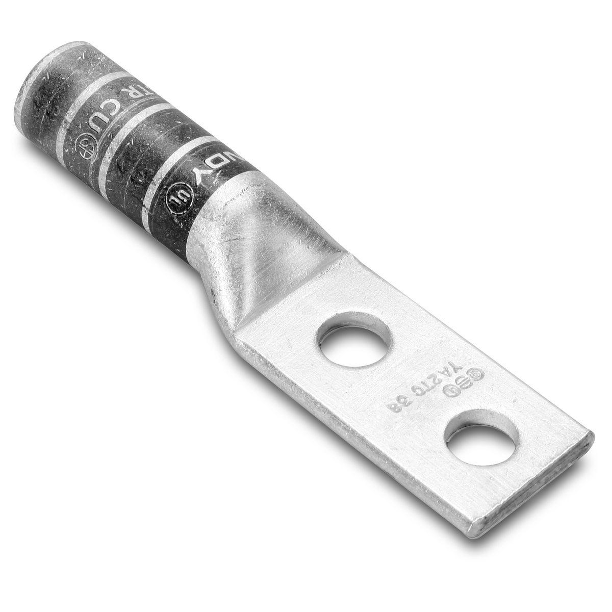 BURNDY® HYLUG™ YA3C2TC38 YA-2TC 2-Hole Compression Lug, 3 AWG Stranded Copper Conductor, Die Code: 9, 3/8 in Stud, Tin Plated Copper