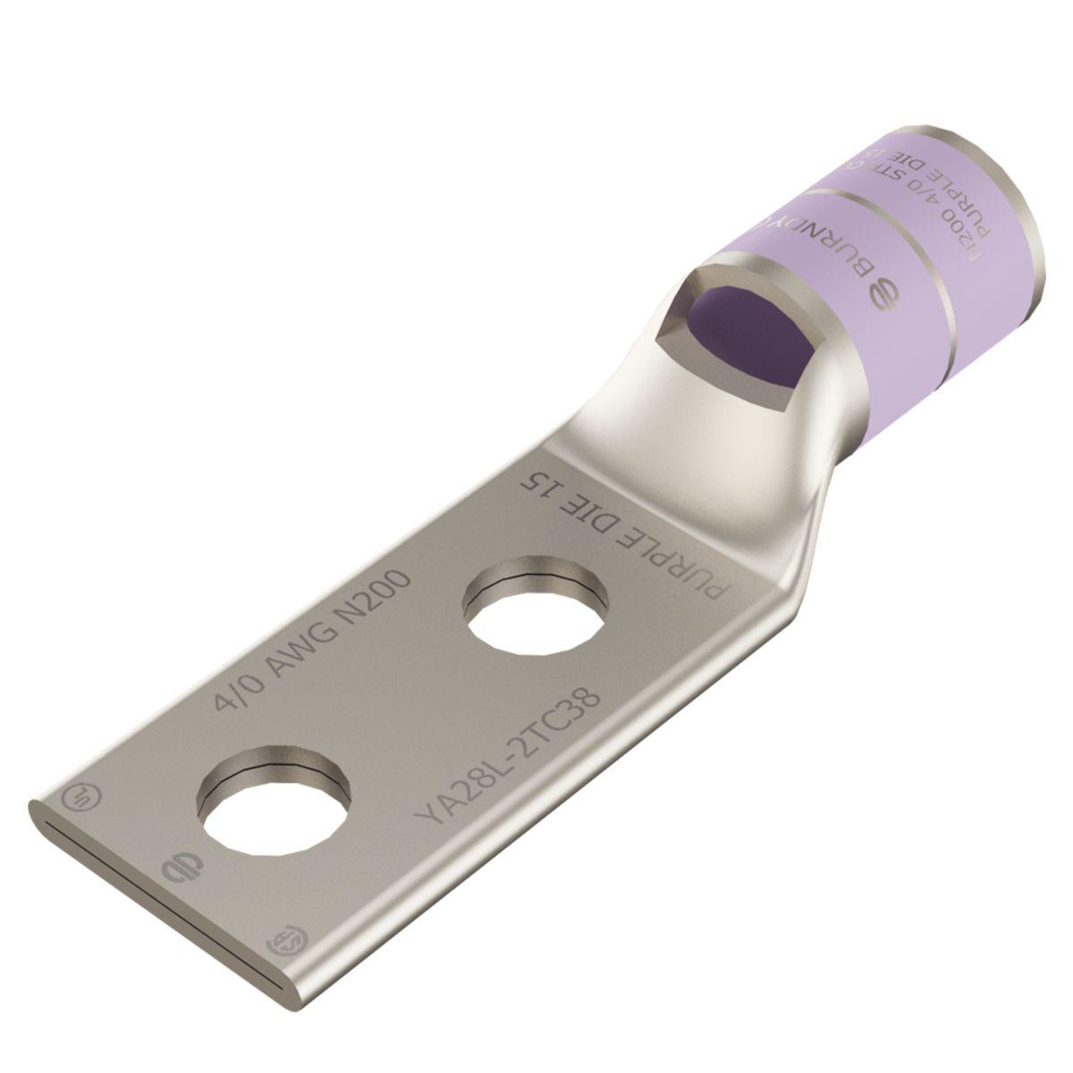 BURNDY® HYLUG™ YA282LN YA-2LN 2-Hole Compression Lug With Inspection Window, 4/0 AWG Stranded Copper Conductor, Die Code: 15, 1/2 in Stud, Copper