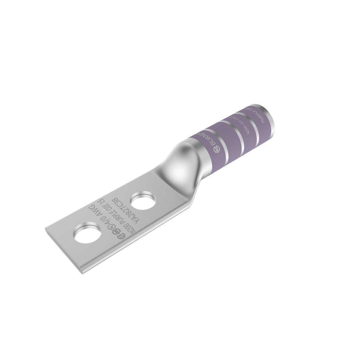 BURNDY® HYLUG™ YA282NTC38 YA-2N 2-Hole Compression Lug, 4/0 AWG Copper Conductor, Die Code: 15, 3/8 in Stud, Tin Plated Copper