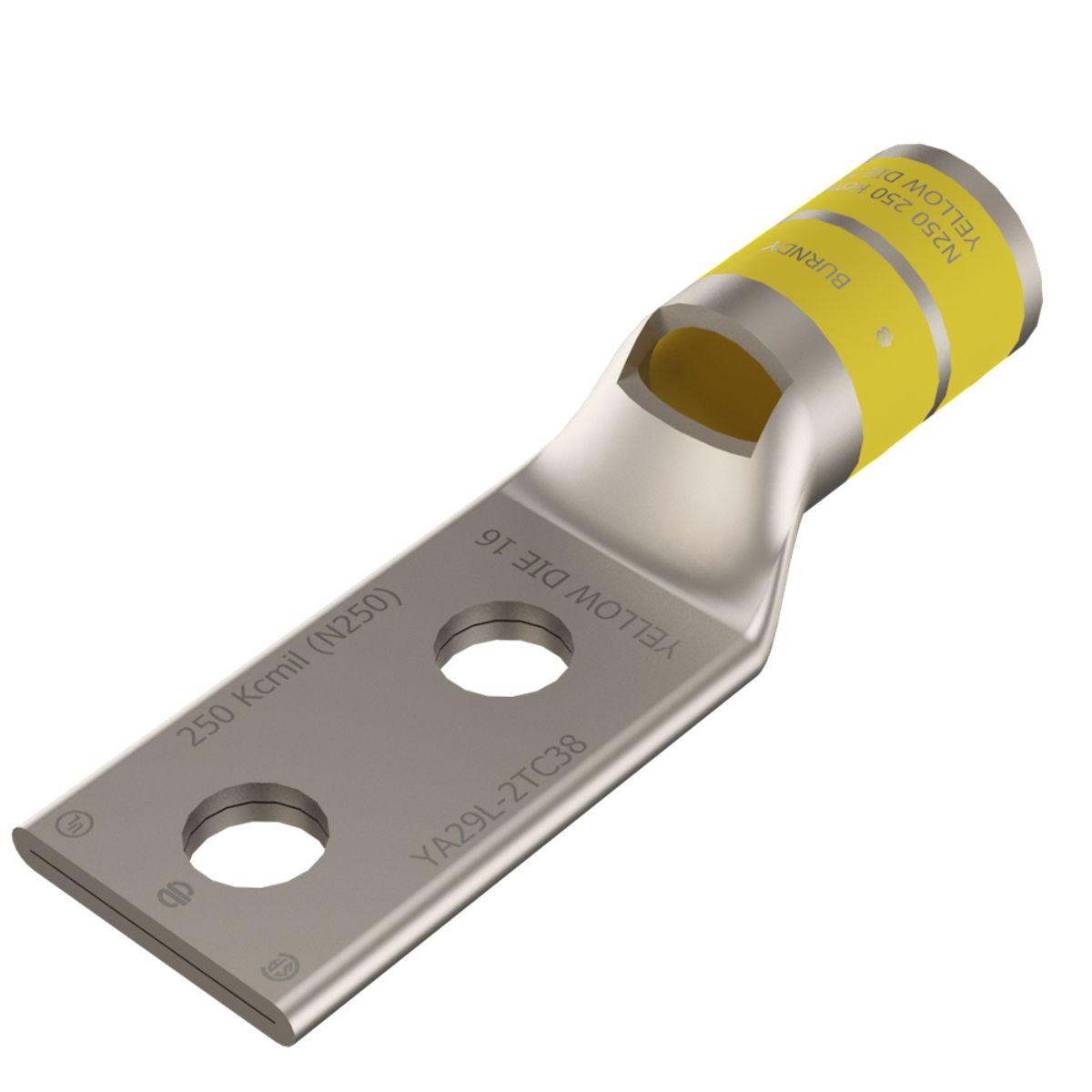 BURNDY® HYLUG™ YA29L2TC38 YA-L-2TC 2-Hole Compression Lug With Inspection Window, 250 kcmil Stranded Copper Conductor, Die Code: 16, 3/8 in Stud, Tin Plated Copper