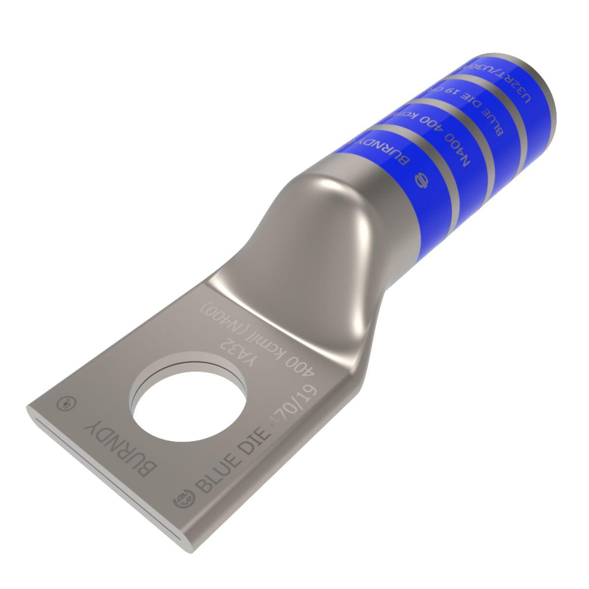 BURNDY® HYLUG™ YA32 YA Series 1-Hole Uninsulated Compression Lug, 400 kcmil Stranded Copper Conductor, Die Code: 19/470, 5/8 in Stud, Tin Plated Copper