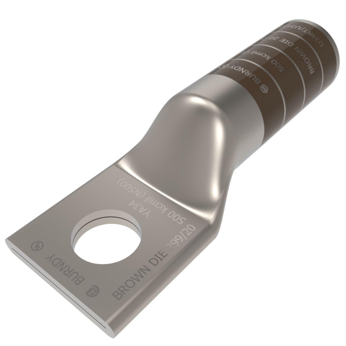 BURNDY® HYLUG™ YA34N YA Series 1-Hole Uninsulated Compression Lug, 500 kcmil Stranded Copper Conductor, Die Code: 20/299, 1/2 in Stud, Tin Plated Copper