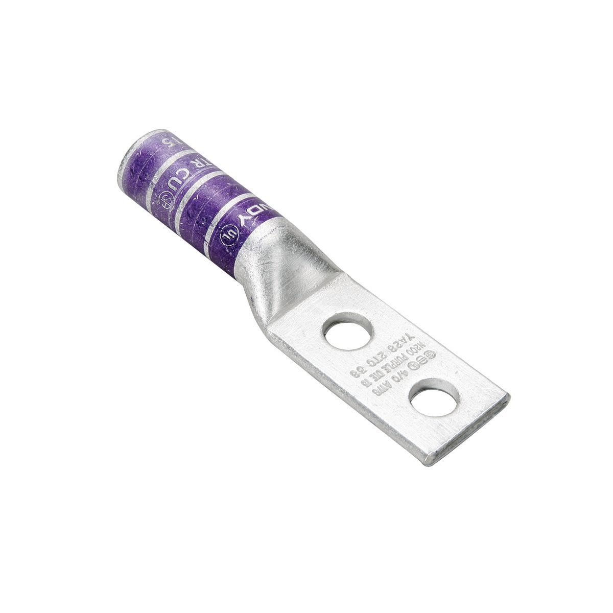 BURNDY® HYLUG™ YA3C2N YA-2N 2-Hole Compression Lug, 3 AWG Stranded Copper Conductor, Die Code: 9, 1/2 in Stud, Tin Plated Copper