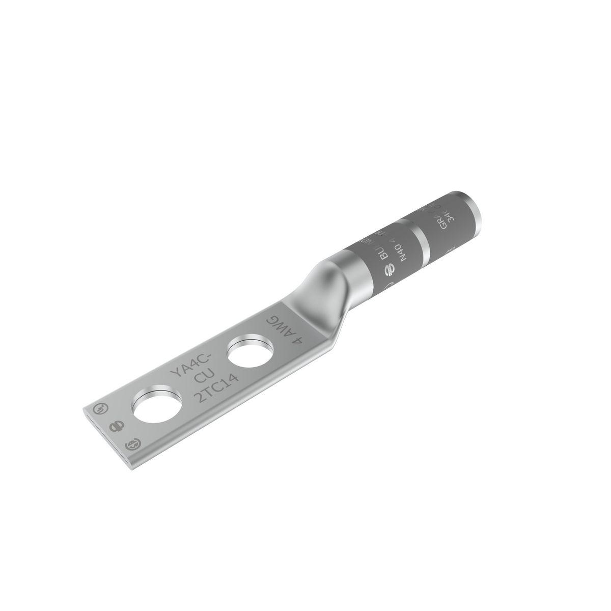 BURNDY® HYLUG™ YA4C2TC14 YA-2TC 2-Hole Compression Lug, 4 AWG Stranded Copper Conductor, Die Code: 8/346, 1/4 in Stud, Tin Plated Copper