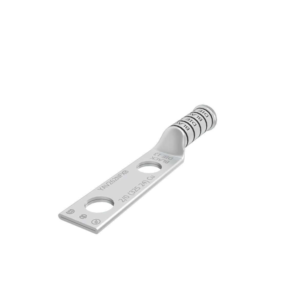 BURNDY® HYLUG™ YAV262NFXB YAV-2N-FX 2-Hole Compression Lug, 2/0 AWG Flexible/Stranded Copper Conductor, Die Code: 13, 1/2 in Stud, Tin Plated Copper
