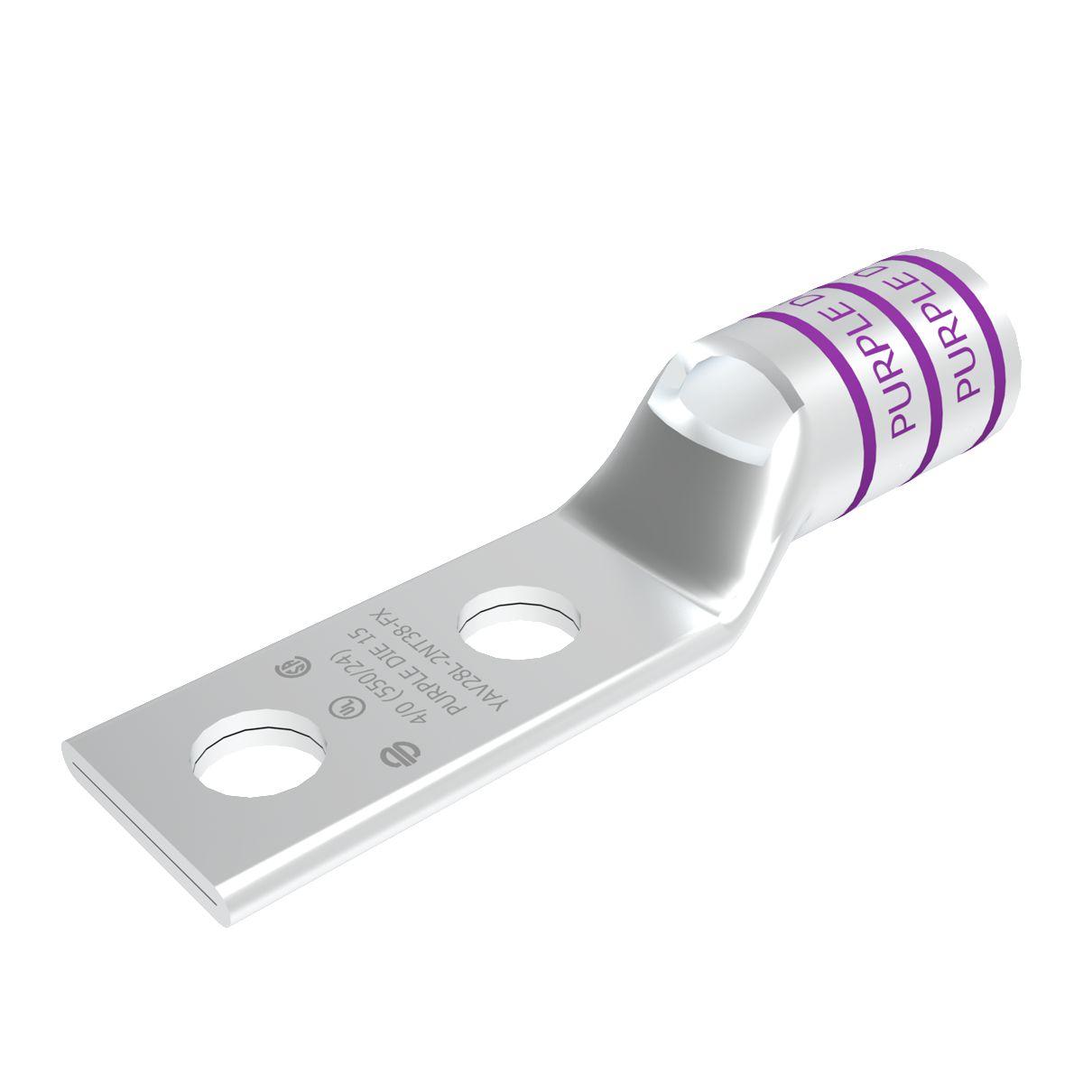 BURNDY® HYLUG™ YAV28L2NT38FX YAV-L-2TC-FX 2-Hole Compression Lug, 4/0 AWG Flexible/Stranded Copper Conductor, Die Code: 15, 3/8 in Stud, Copper