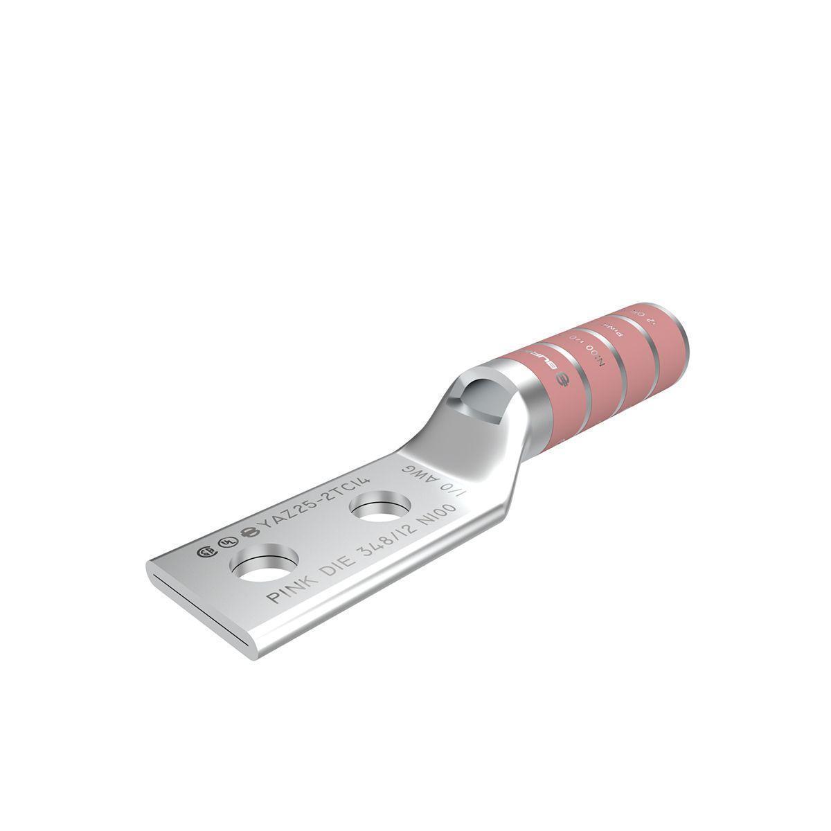 BURNDY® HYLUG™ YAZ252N YAZ-2N 2-Hole Compression Lug With Inspection Window, 1/0 AWG Stranded Copper Conductor, Die Code: 12/348, 1/2 in Stud, Tin Plated Copper