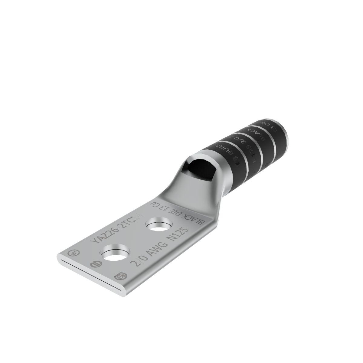 BURNDY® HYLUG™ YAZ262TC14 YAZ-2TC 2-Hole Compression Lug With Inspection Window, 2/0 AWG Solid/Stranded Copper Conductor, Die Code: 13, 1/4 in Stud, Tin Plated Copper