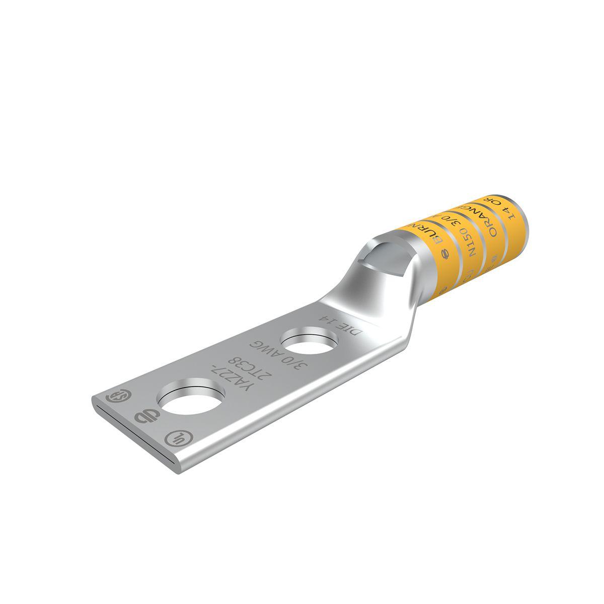 BURNDY® HYLUG™ YAZ272N YAZ-2N 2-Hole Compression Lug With Inspection Window, 3/0 AWG Stranded Copper Conductor, Die Code: 14, 1/2 in Stud, Tin Plated Copper