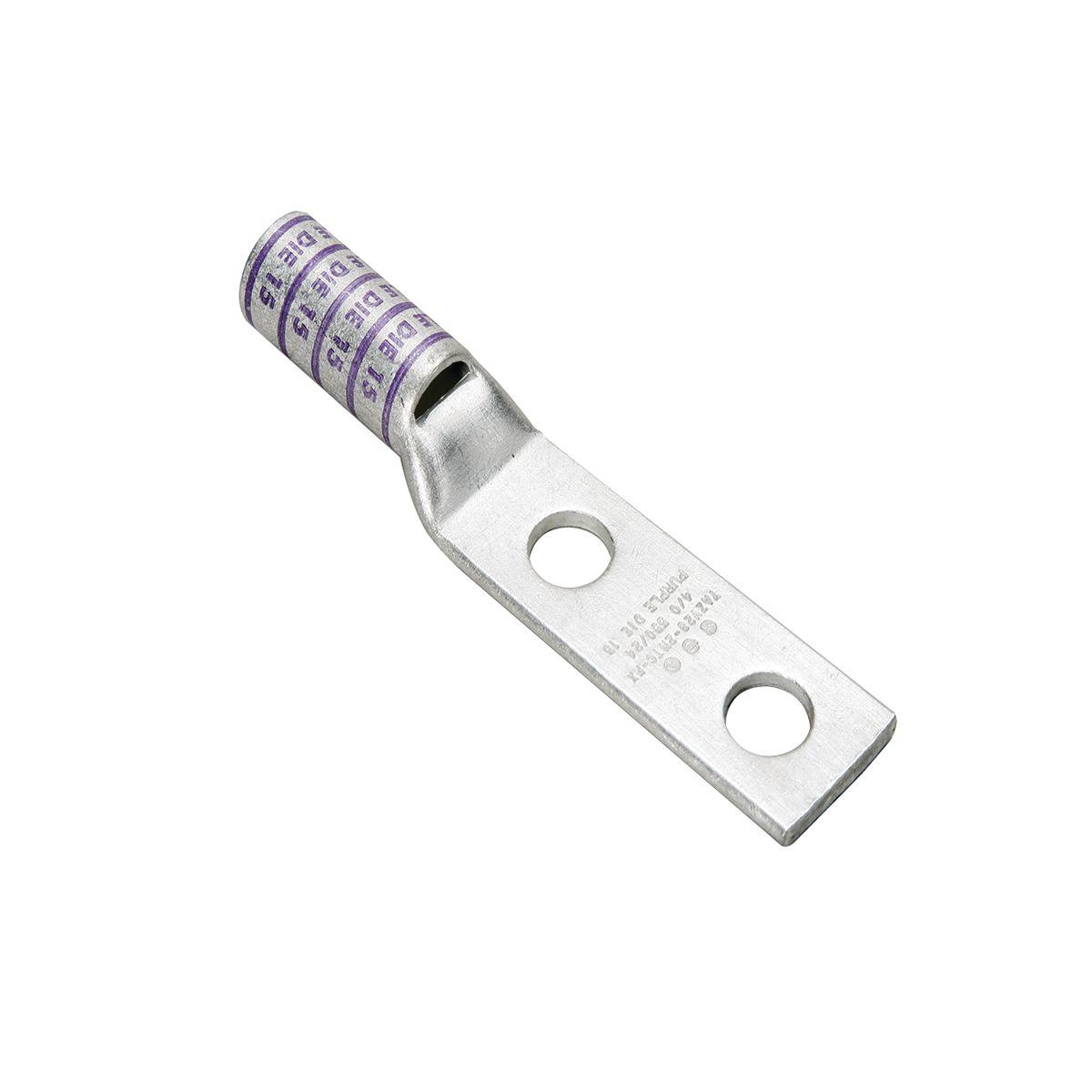 BURNDY® HYLUG™ YAZ1C2N YAZ-2N 2-Hole Compression Lug With Inspection Window, 1 AWG Stranded Copper Conductor, Die Code: 11/375, 1/2 in Stud, Tin Plated Copper