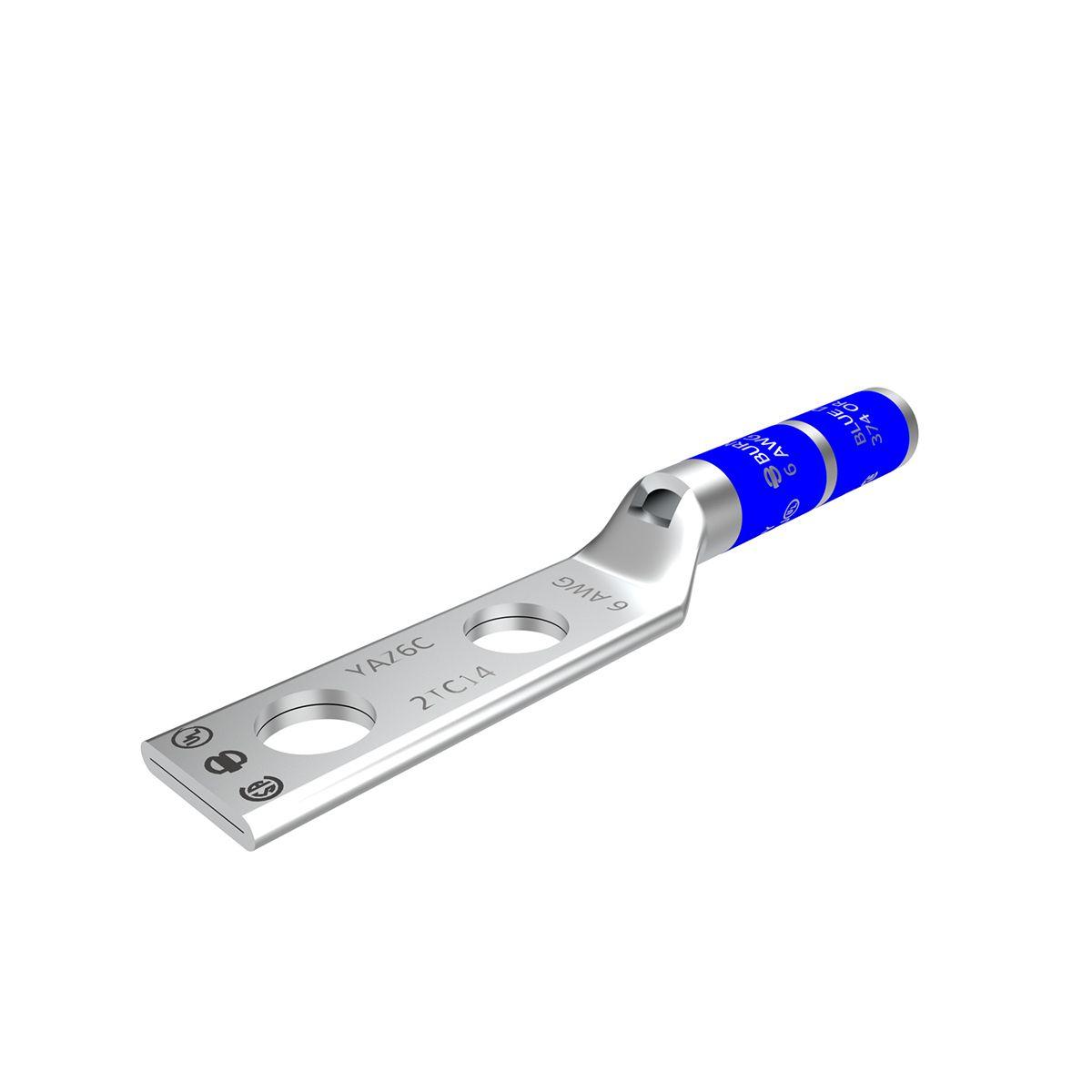 BURNDY® HYLUG™ YAZ6C2TC14 YAZ-2TC 2-Hole Compression Lug With Inspection Window, 6 AWG Stranded Copper Conductor, Die Code: 7/374, 1/4 in Stud, Tin Plated Copper