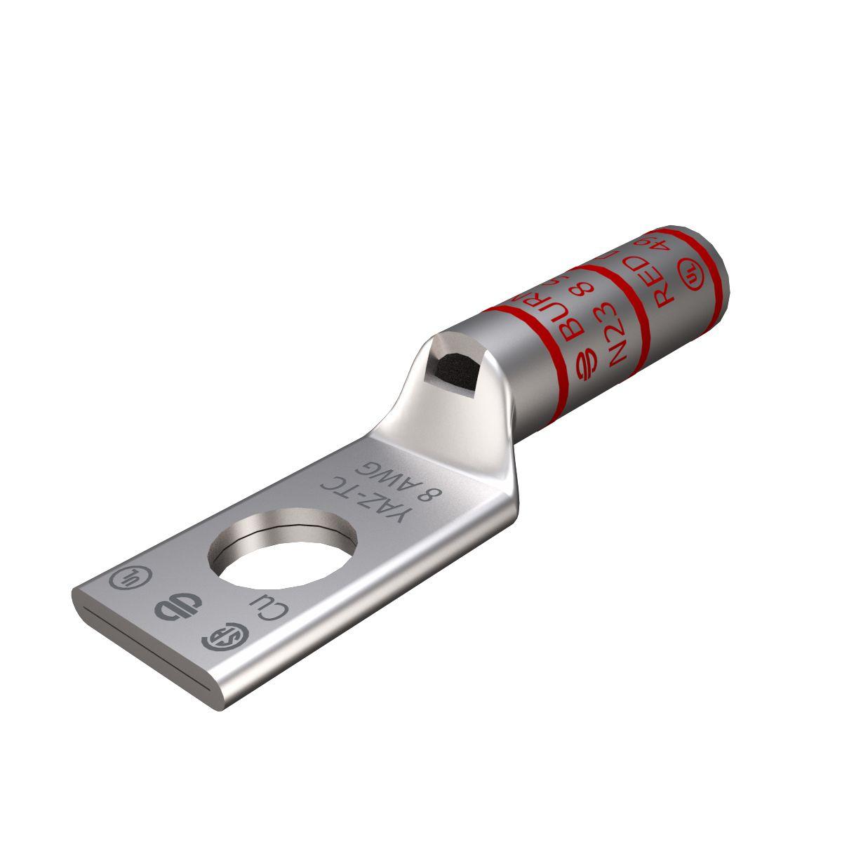 BURNDY® HYLUG™ YAZ8CTC14 1-Hole Uninsulated Compression Lug With Inspection Window, 8 AWG Stranded Copper Conductor, Die Code: 49, 1/4 in Stud, Tin Plated Copper