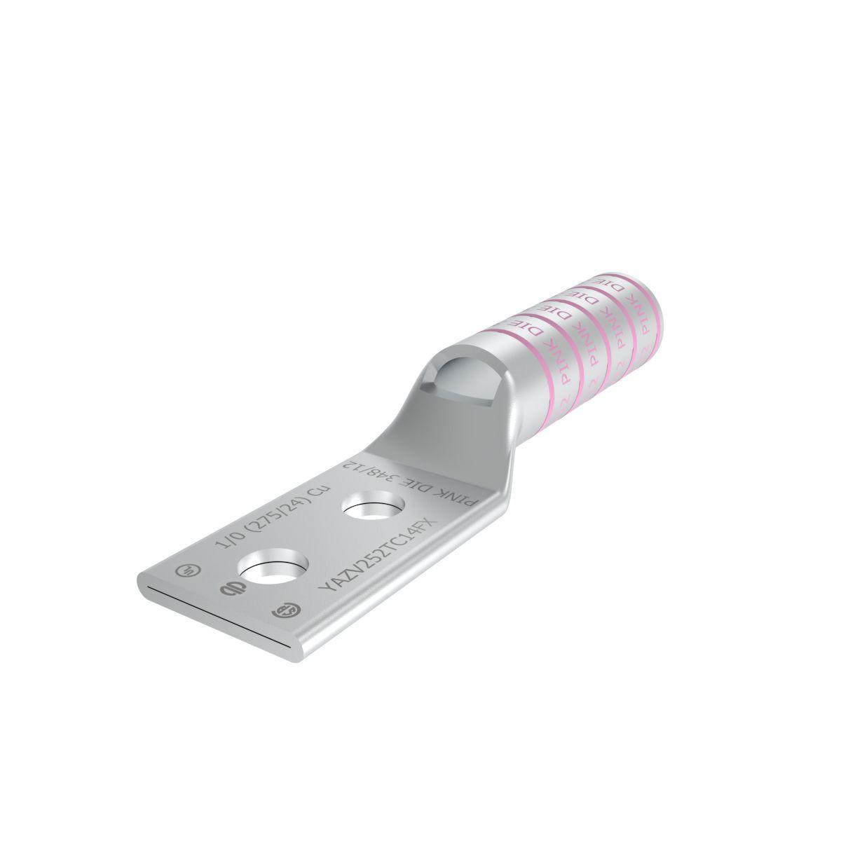 BURNDY® HYLUG™ YAZV252TC14FX YAZ-2TC-FX 2-Hole Compression Lug With Inspection Window, 1/0 AWG Flexible/Stranded Copper Conductor, Die Code: 12/348, 1/4 in Stud, Tin Plated Copper