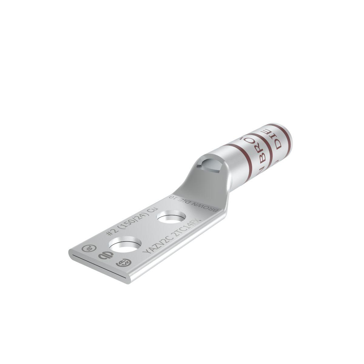 BURNDY® HYLUG™ YAZV2C2TC14FX YAZ-2TC-FX 2-Hole Compression Lug With Inspection Window, 2 AWG Flexible/Stranded Copper Conductor, Die Code: 10, 1/4 in Stud, Tin Plated Copper