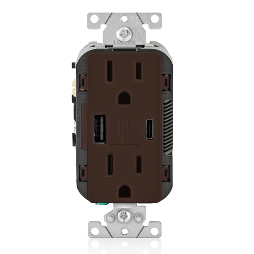 Decora® T5638-B Tamper-Resistant Outlet Charger, 125 V AC, 15 A, 2 Poles, 3 Wires, Brown