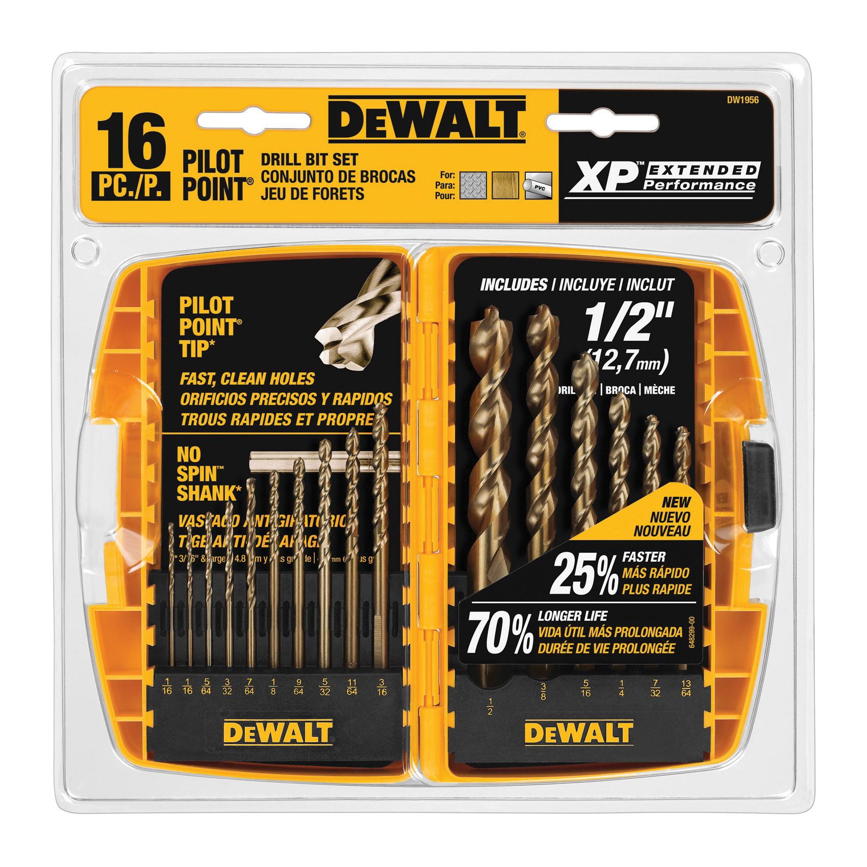 DeWALT® DW1956 Drill Bit Set, 1/16 in Min Drill Bit, 1/2 in Max Drill Bit, 135 deg Drill Point Angle, 16 Pieces, HSS, Oxide Treated