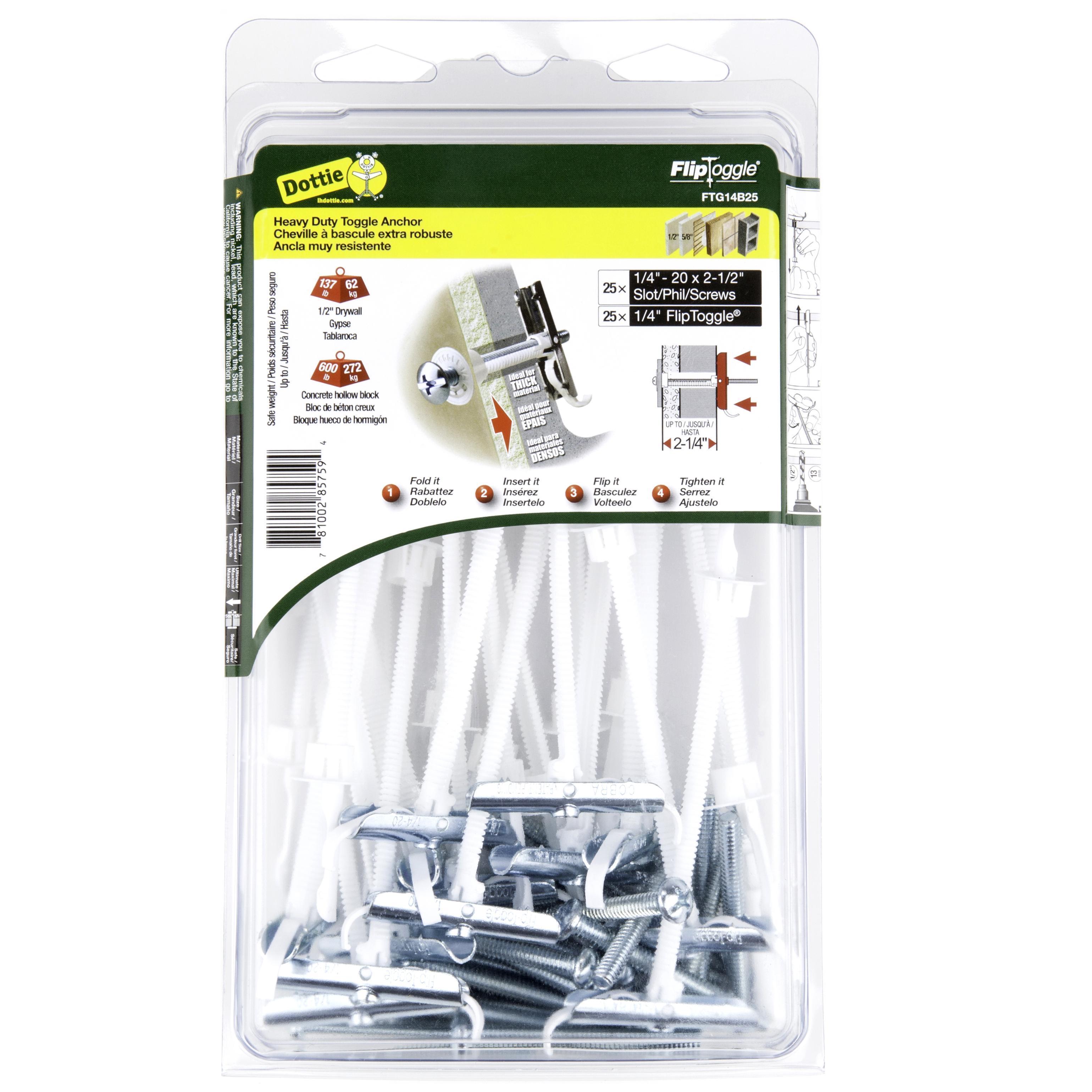 Dottie® FTG14B25 Flip Toggle Kit, 1/4 in Dia Anchor, 1/4-20 x 2-1/2 in Screw, 1/2 in Dia Hole, 25 Pieces, Metal/Nylon