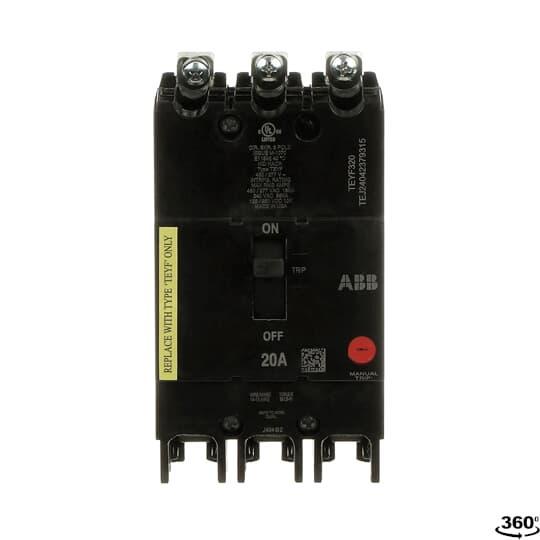 GE TEYF320 Type TEY Compact Lighting Panel Circuit Breaker, 120/240/277/480 V AC, 20 A, 18/65 kA Interrupt, 3 Poles, Thermal Magnetic Trip
