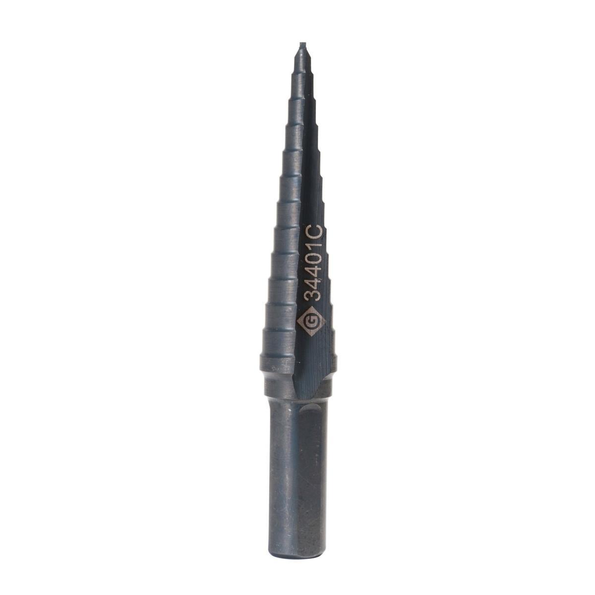 Greenlee® Kwik Stepper® 34401C Step Bit, 1/8 in Dia Min Hole, 1/2 in Dia Max Hole, 13 Steps, 10 ga Stainless Steel, 13 Hole Sizes, 3/8 in Shank