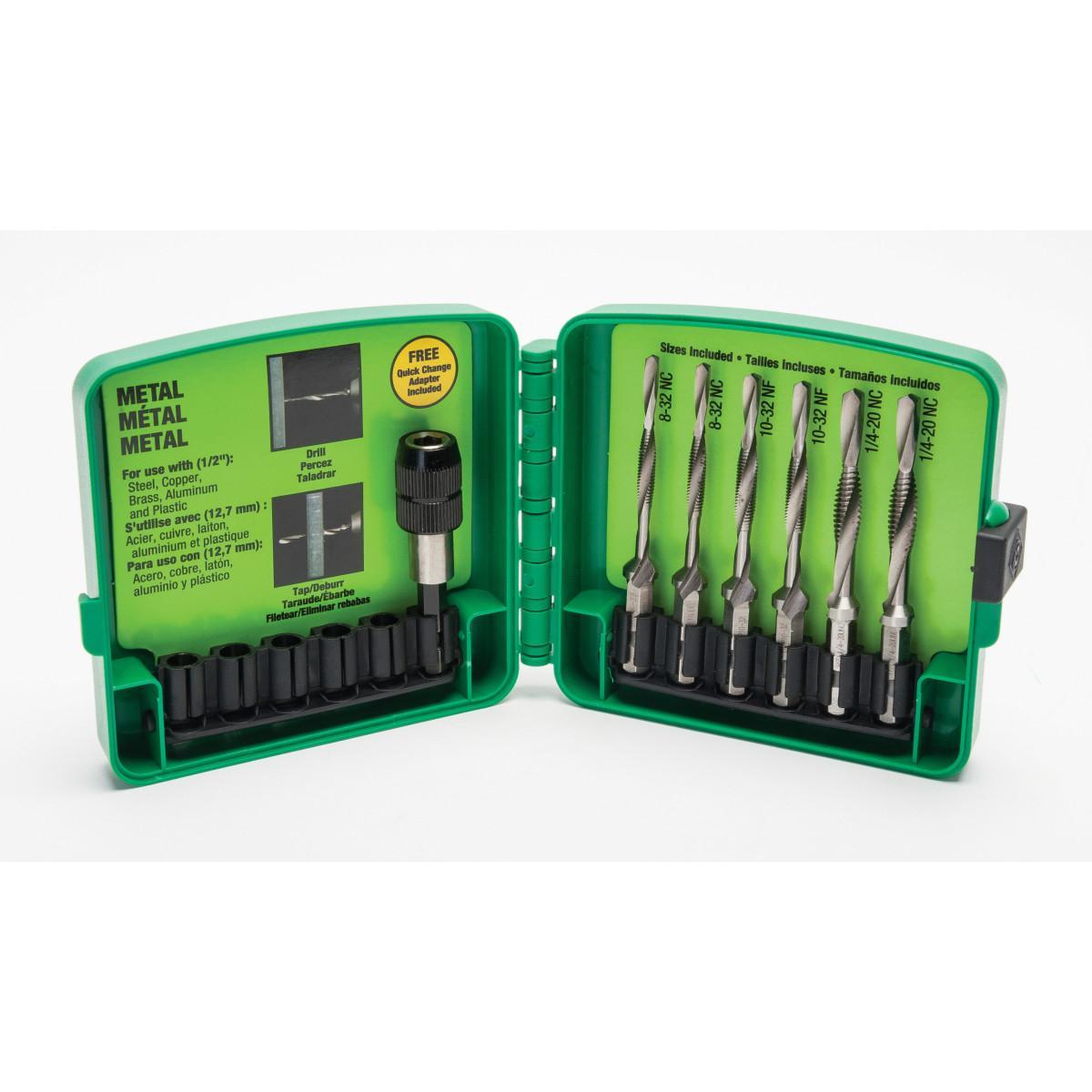 Greenlee® LDTAPKIT Long Length Drill/Tap Kit With Quick-Change Adapter, 6 Pieces, #8-32 to 1/4-20 Tap Thread, 1/4 in Drill, UNC/UNF Thread